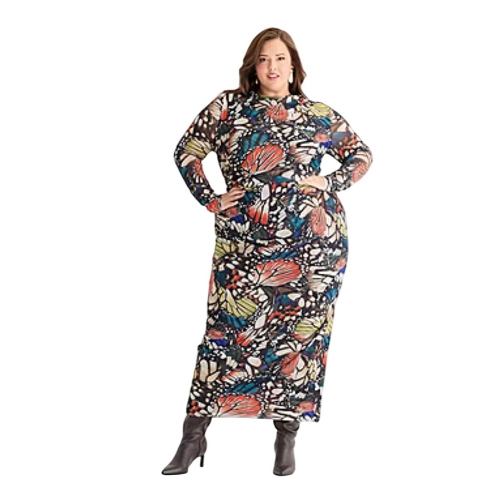 Ashley Graham Mesh Butterfly Bodycon Maxi Dress Size 1X Avant Garde Maximalist
